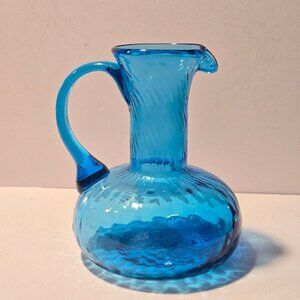 Vintage Blue Hand-Blown Glass Pitcher Vase With Swirled Textured Design